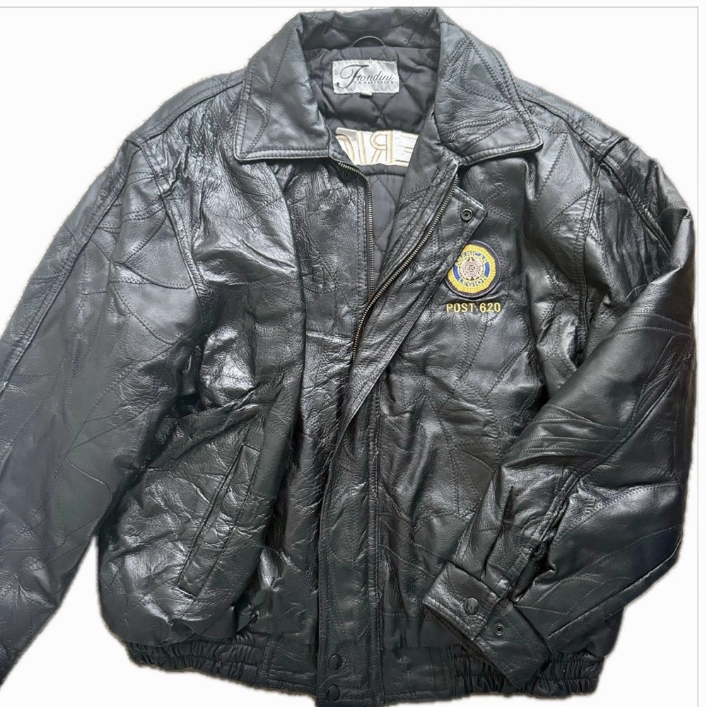Vintage Genuine Leather Bomber Jacket XL Oversized American Legion Back Black - Picture 4 of 16